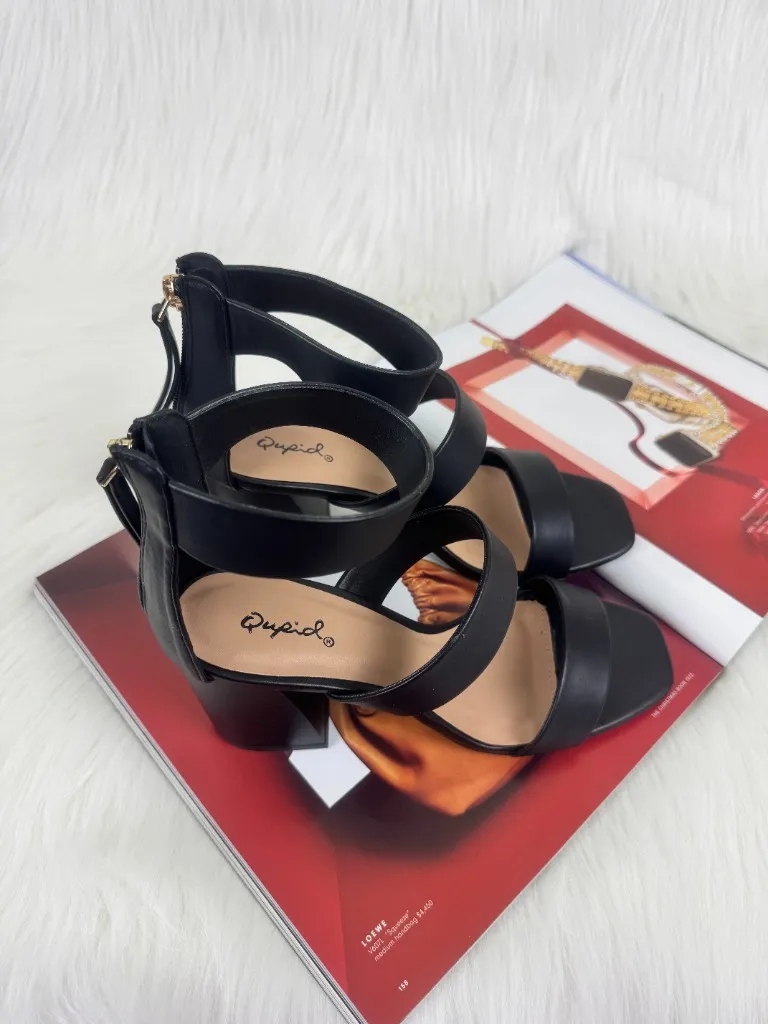 Women's Qupid Dorcas Faux Leather Multi Strap Block Heel Sandals Black Size 8 - Image 3