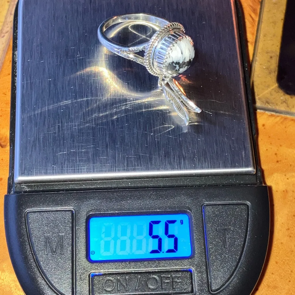 White Buffalo Turquoise Feather Ring Size 9 Black - Image 9