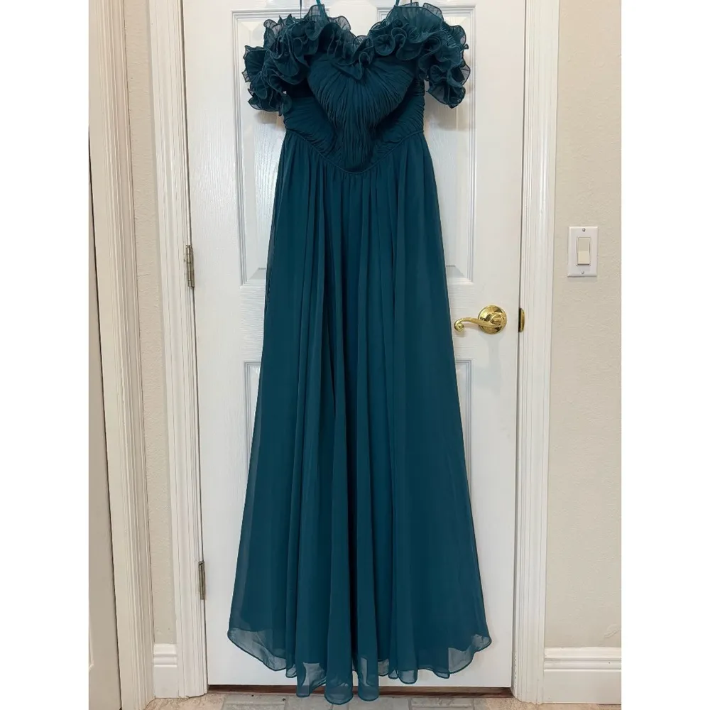 Ieena for Mac Duggal 11591 Teal Ruched Off The Shoulder A Line Gown Size 8 NWT - Image 4