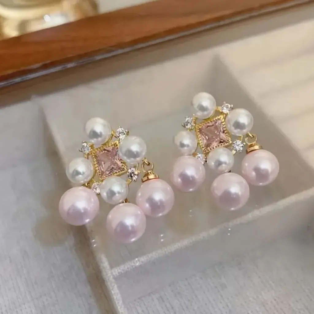 Elegant‎ French Style Pink Faux Pearl Drop Earrings for Women Alloy Studs - Image 9