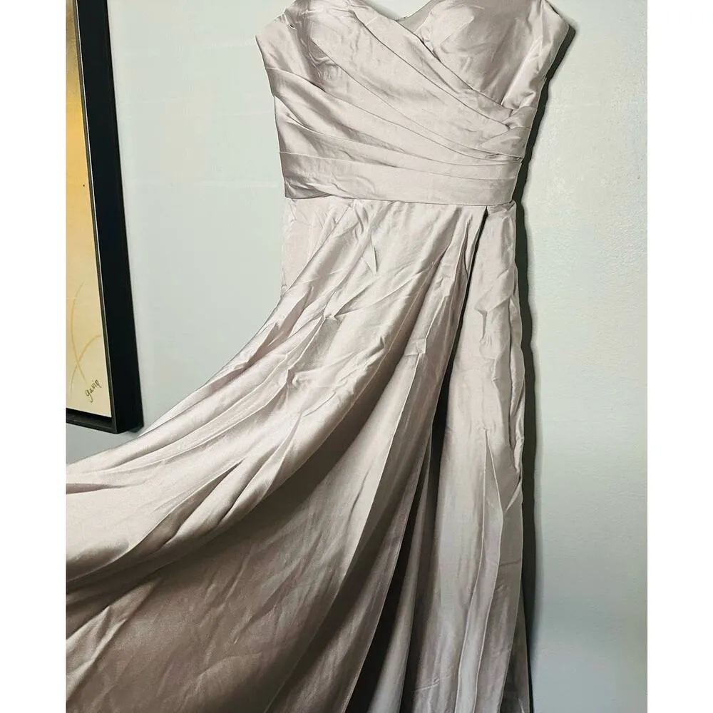 La Femme Pleated Bodice Strapless Silver Satin High Slit Gown Dress size 12 - Image 3