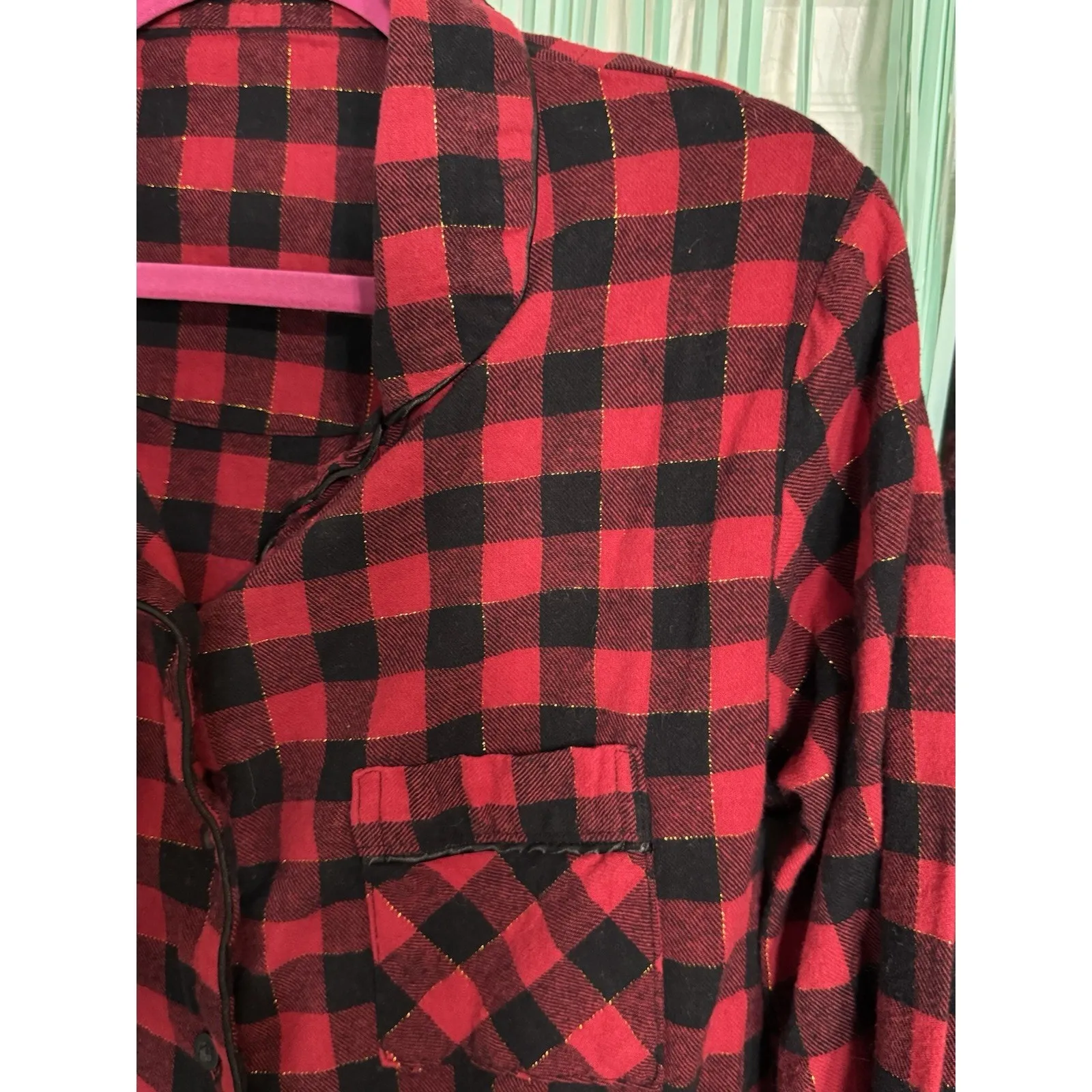 Serra Black/Red Buffalo Plaid Pajama Set With Gold Threading, Pockets, Large - Image 3