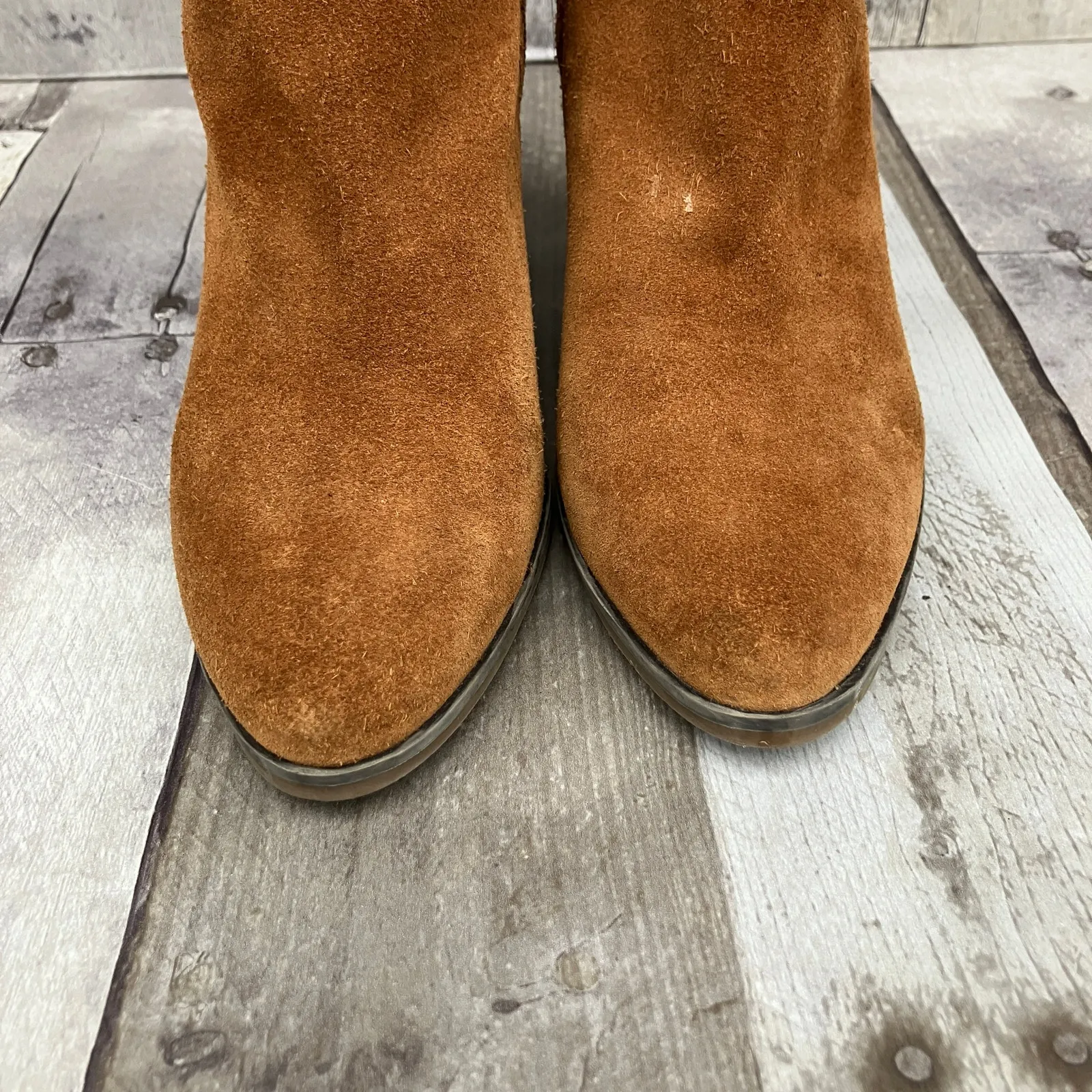 Aldo Suede Boots 8.5 Tan Leather Zipper Ankle Chunky Heel Western Boho Casual - Image 4