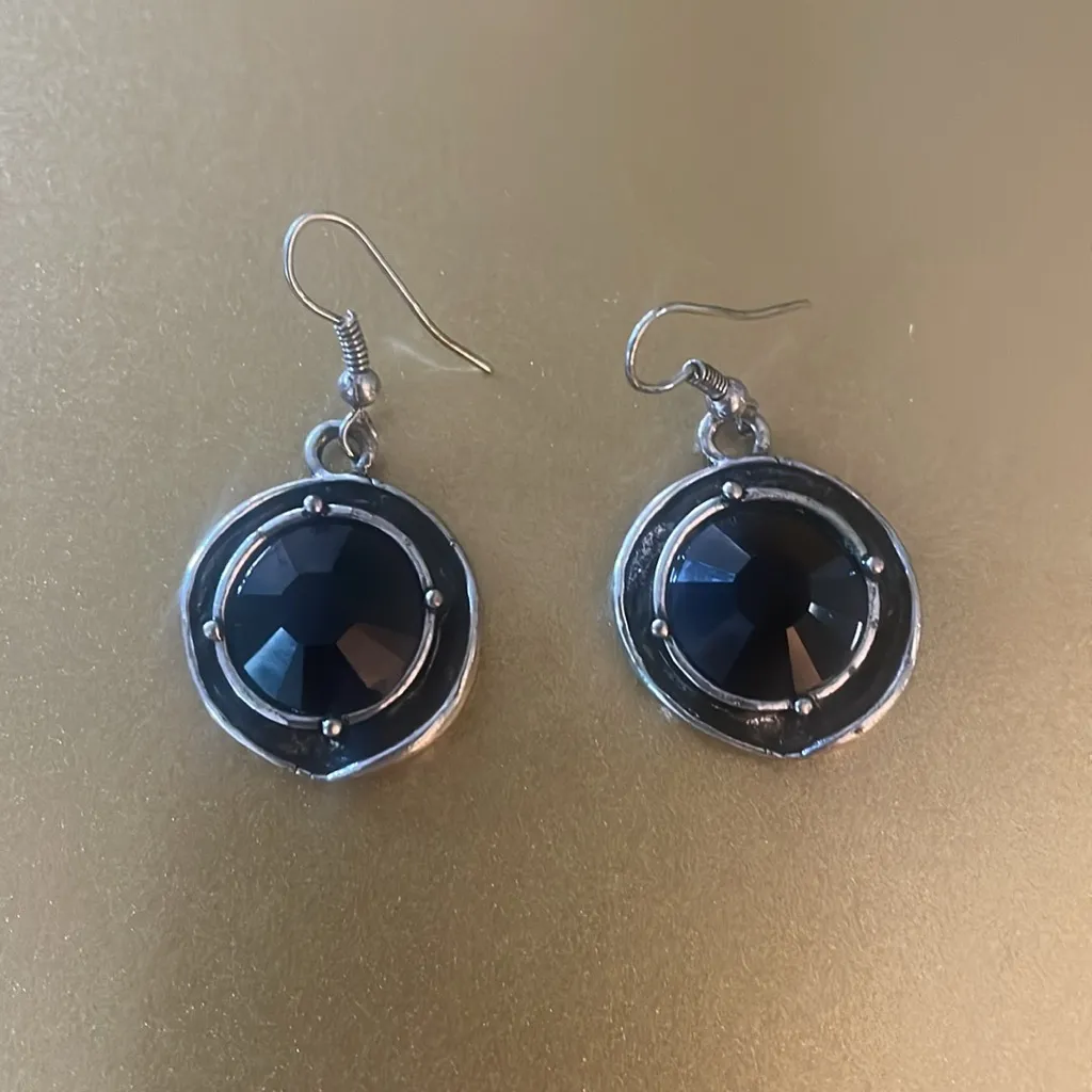 Black Gem and Silver Tone Drop Earrings, Hook Backing - Image 2