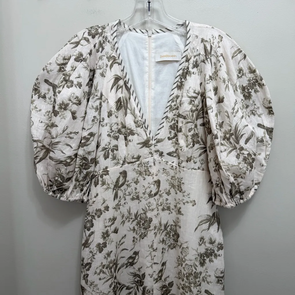 Zimmermann Linen Day Midi Dress Puff Sleeve Pockets Olive Green Toile Floral 6 - Image 3