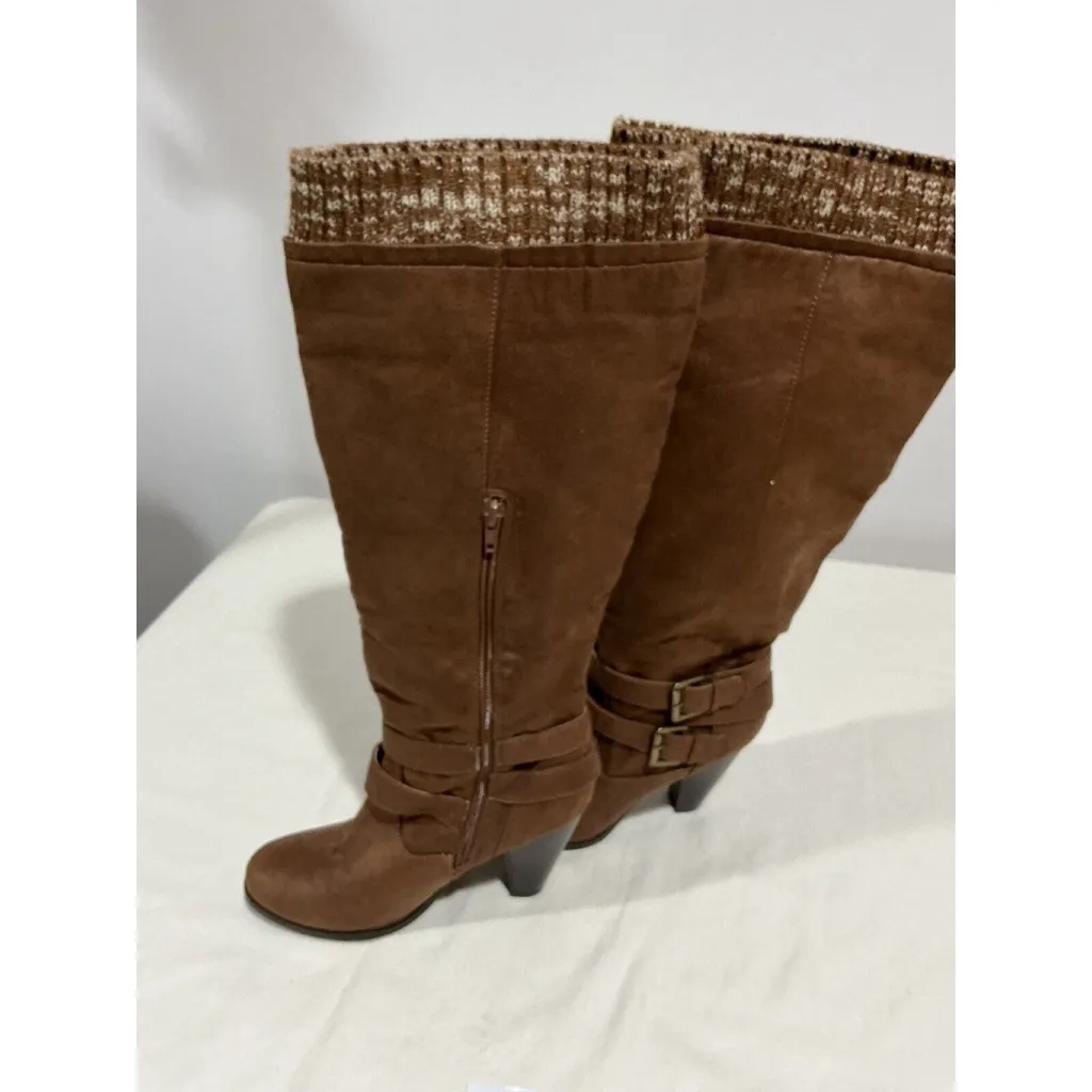 Woman’s Just Fab Waynoka Wide Brown Faux Suede Stacked Winter Boots Size 8w Otk - Image 5