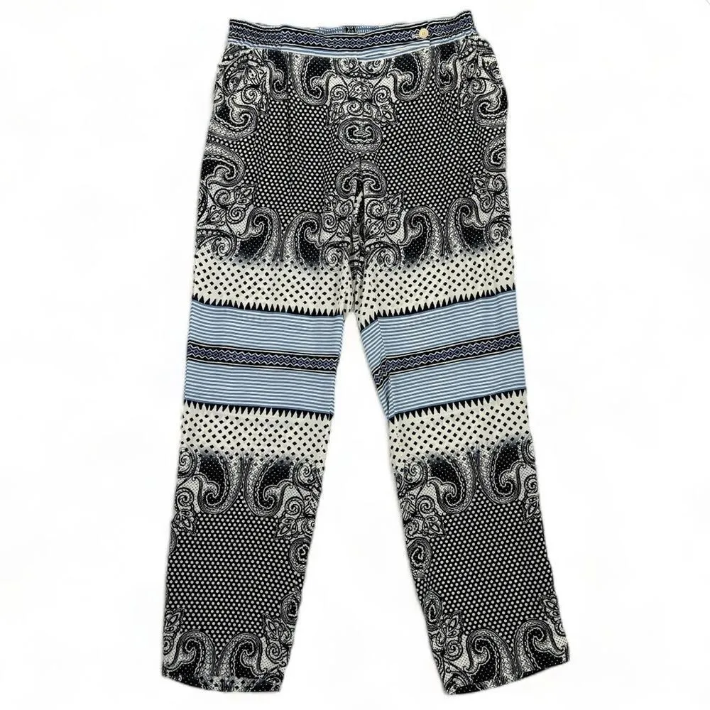 Etro Silk Multi Pattern Straight‎ Leg Pants Black White Blue Size 10 Euro 46 - Image 13