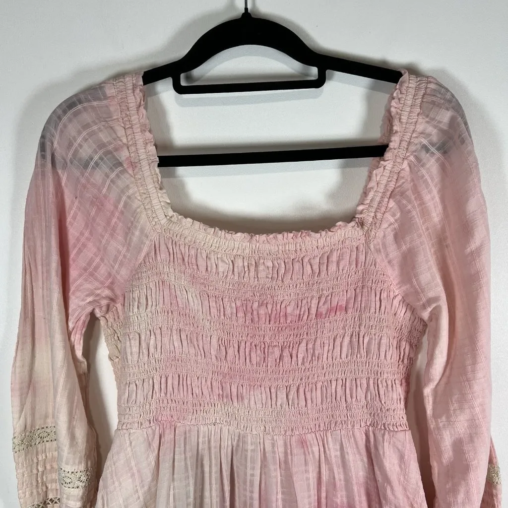 American Eagle Womens Pink Tie‎ Dye Smocked Ruffle Cotton Long Sleeve Dress L - Image 8