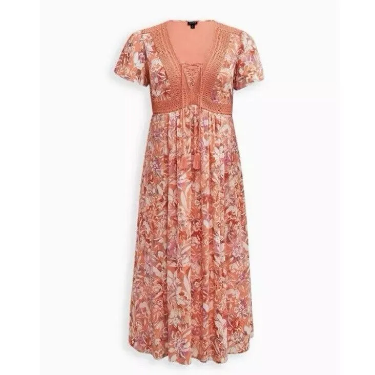 Torrid Coral‎ Floral Crinkle Gauze Lace Up Midi Dress Size 2X Pockets Tassels - Image 5