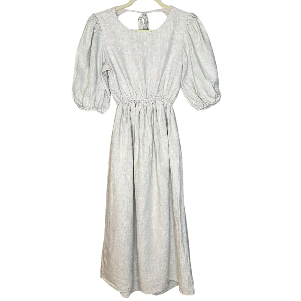 Dissh Claudia Midi Dress Puff Sleeves Backless Natural Linen Beige Size 8 Tan - Image 5