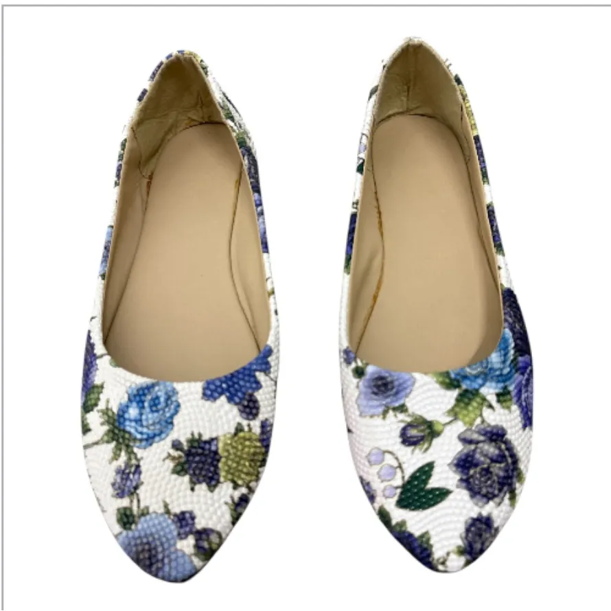 Blue & Purple Floral Beaded Textured Patterned Flats White Size 8.5 - Image 3