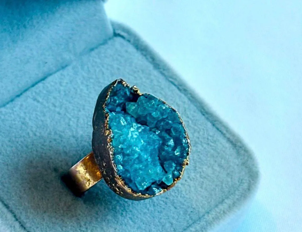 Size 6.5 7 7.5 Teal Blue Gem Aqua Druzy Crystal Fine Original Art Ring Freeform Gemstone UNISEX Solid Metal Plated Gold Filled Rustic Free Form - Image 4