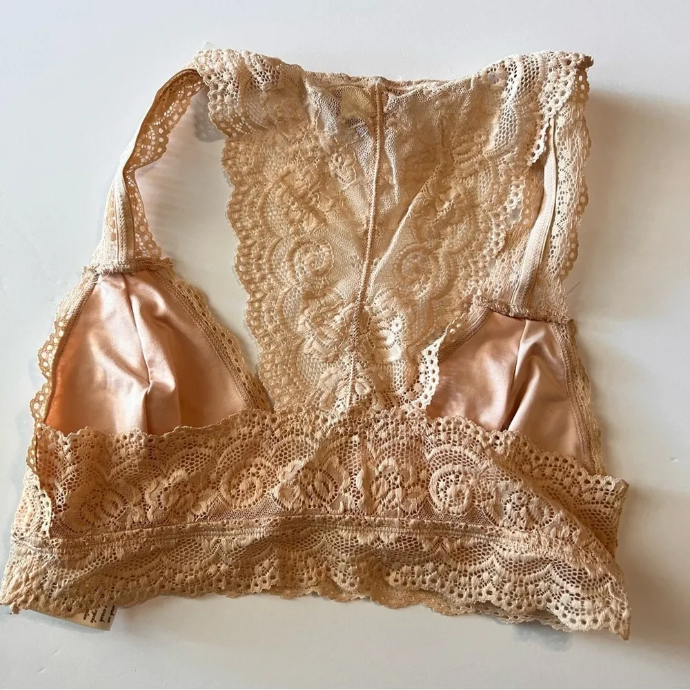 Alya Lace Bralette Tan Cream Nude Small Deep V Plunge - Image 3