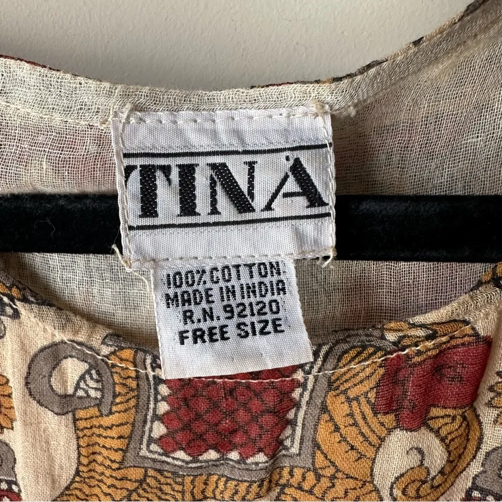 Vintage 70s Indian Cotton Gauze Maxi Dress Block Egyptian Print Hippy Boho Sz M Size M - Image 5