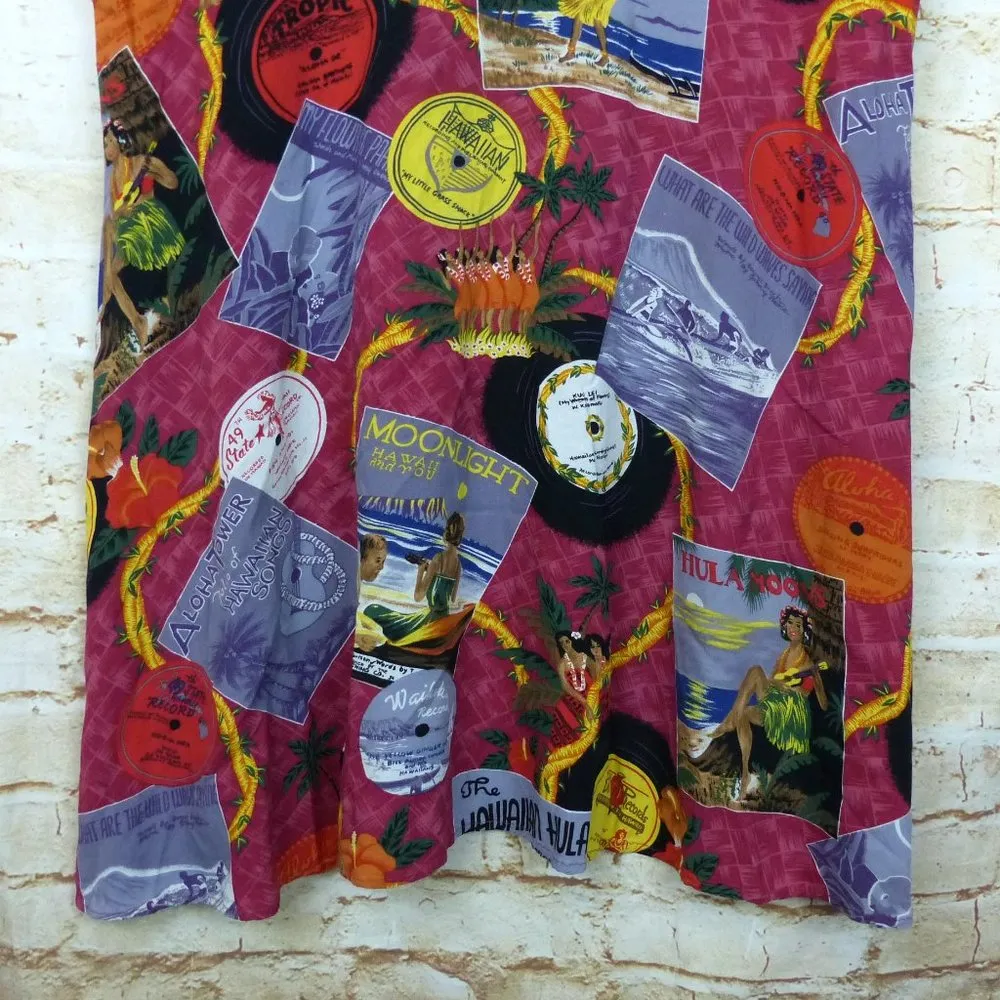 Reyn Spooner Y2K Hawaiian Novelty Printed Dress Womens L Red Rayon Records Aloha Size L - Image 3