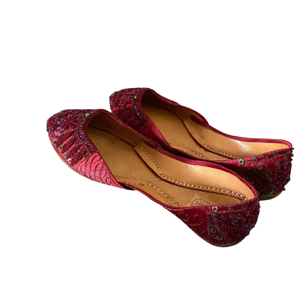 Red Green sequin beaded hand made Khussa flats genie shoes Fall Holiday Festive Size 9 - Image 4