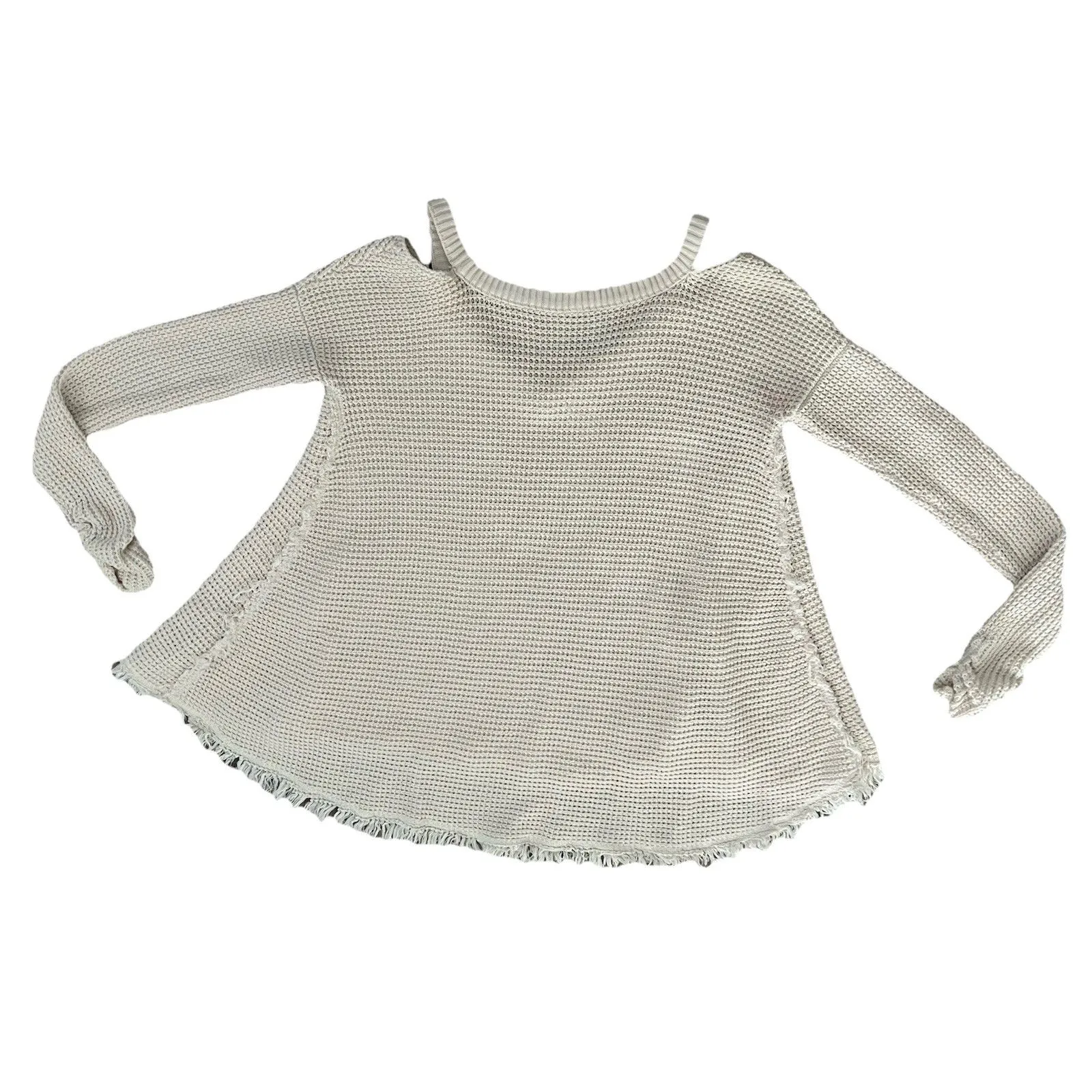 Free People Women’s Waffle Knit Top Moonshine Cold shoulder Raw Hem - Image 3