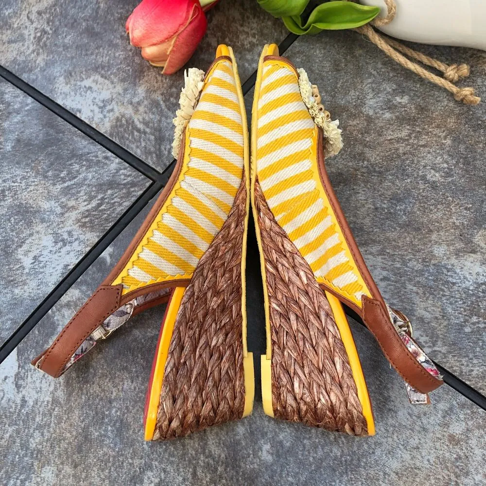Poetic License Ava Sunshine Stripe Flower Wedge Slingback Sandals Sz 9 Yellow - Image 6