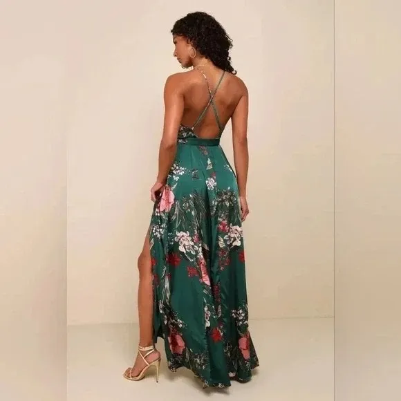 Lulus Still The One Emerald Green Floral Print Satin Maxi Dress Size S - Image 12