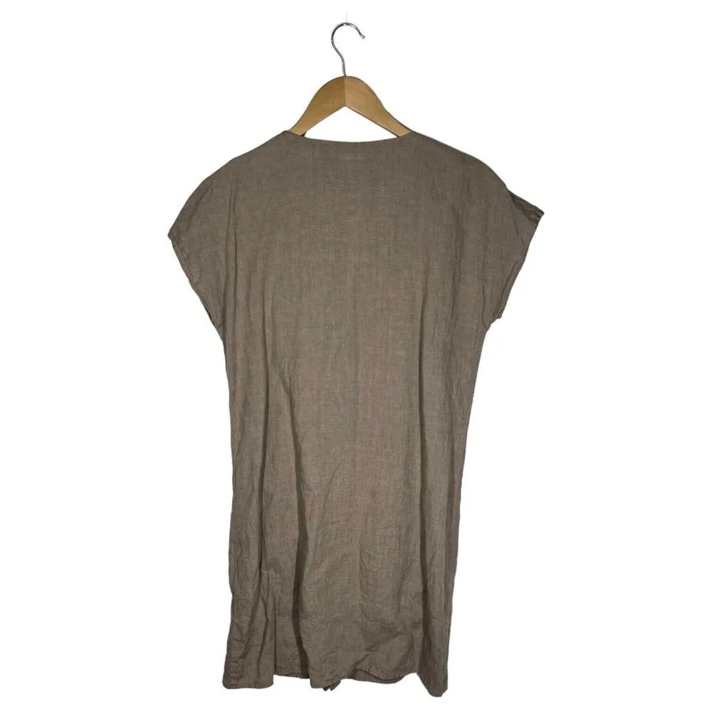 J Jill Love Linen Shirt Dress Womens M V Neck Button Front Dress Pintuck Brown - Image 2