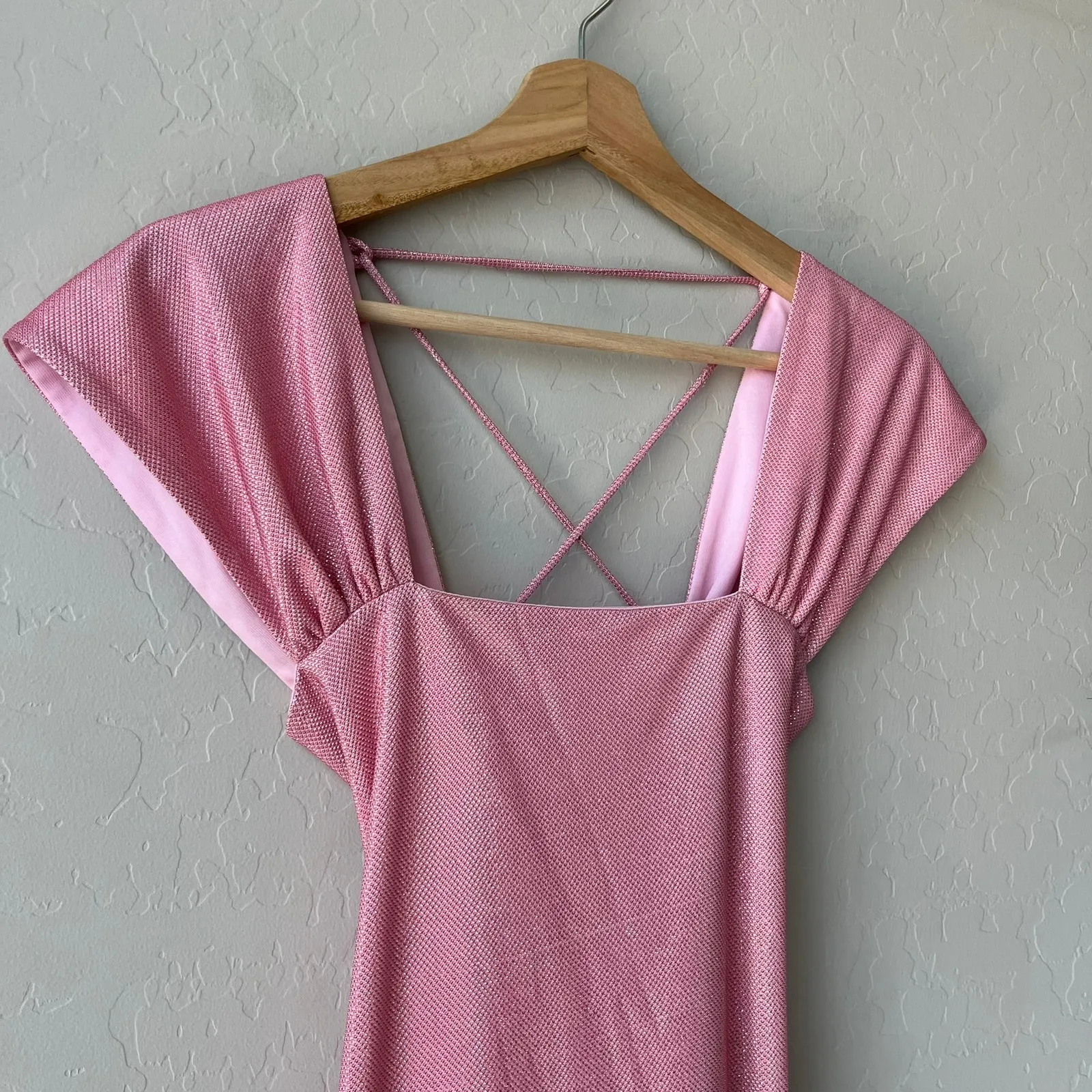 Siedres Dress Pink Sparkly Strappy Lace Up Cap Sleeve‎ Maxi Dress w Slit Size L Size L - Image 2