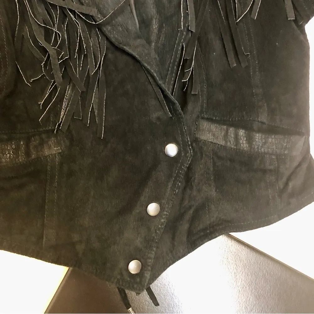 Vintage 80s Winlit Fringe Suede Cropped Jacket Leather Rocker Chick Cowgirl sz M Black Size M - Image 4