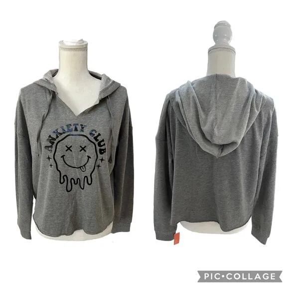 NWT Anxiety Club Dripping Smiley Face Gray Hooded Sweatshirt Oversized SZ Small - Image 2