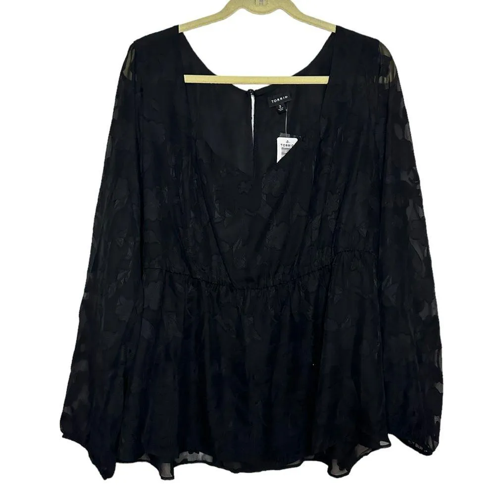 Torrid Black Peplum Chiffon Clip Floral Puff Sleeve Top Size 3 or 3X or 22-24 - Image 5