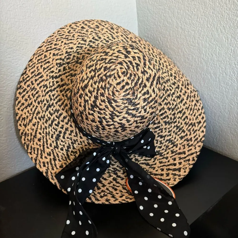 Kallina Straw Black Polka Dot Ribbon Round Sun Hat NWT Brown - Image 5