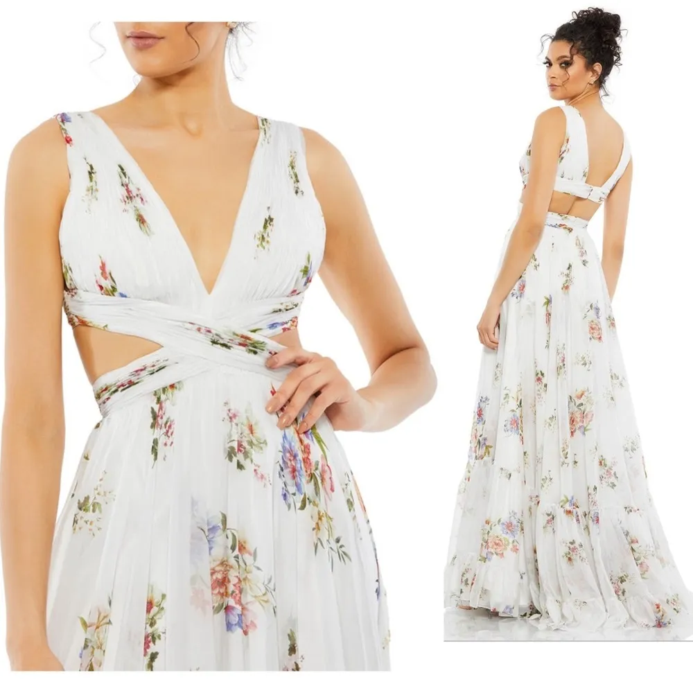 Mac Duggal 67940 Size 0 Floral Print Cutout Waist Tiered White Multicolor Dress - Image 9