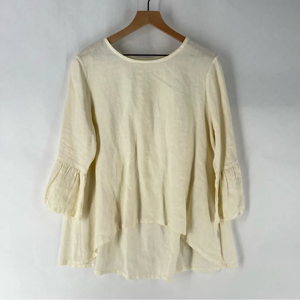 Bryn Walker Off White Light Linen Round Neck Ruffle 3/4 Bell Sleeve High-Low Top - Image 2