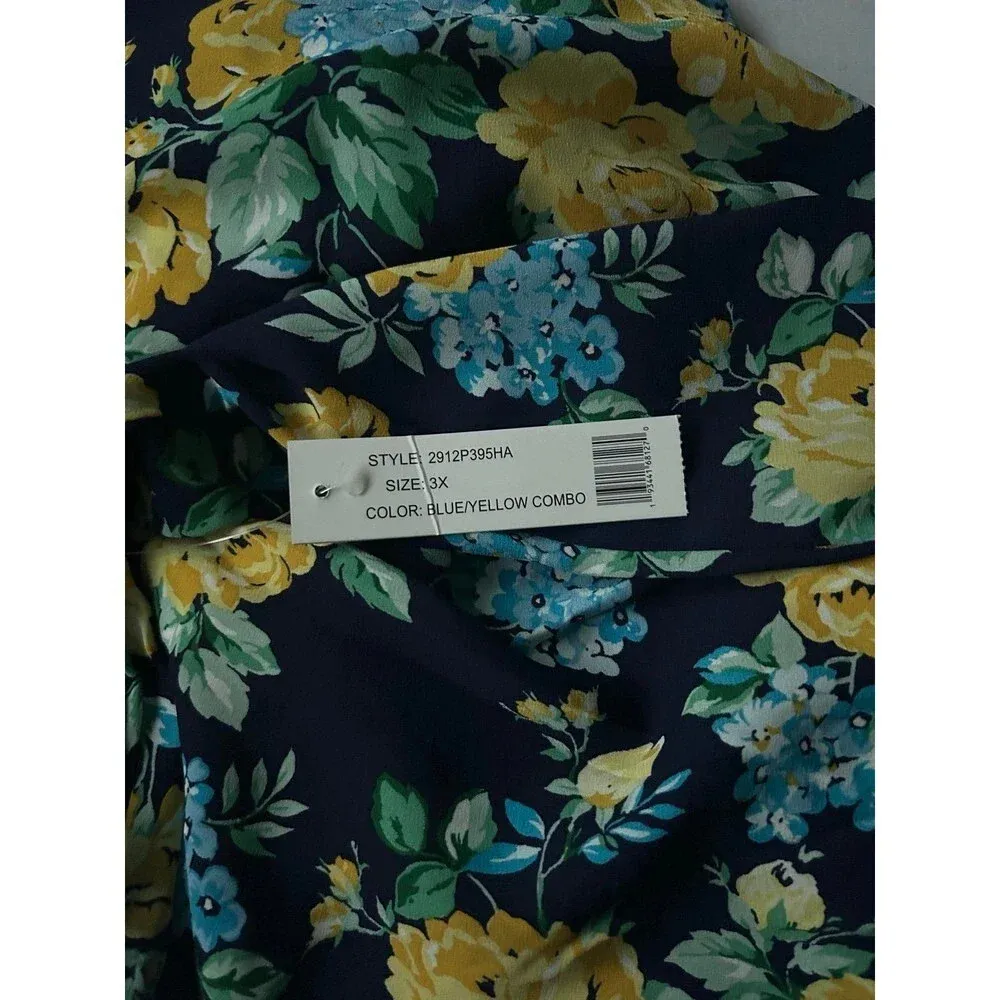 Counterparts Blue Yellow Floral Front Tie Blouse Size 3X - Image 5