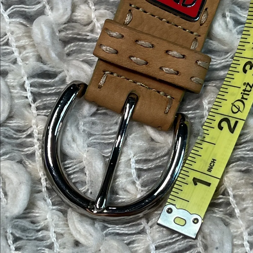 Fossil Tan Leather Belt with Red Enamel Floral and Silver Accents with Stitching - Image 8