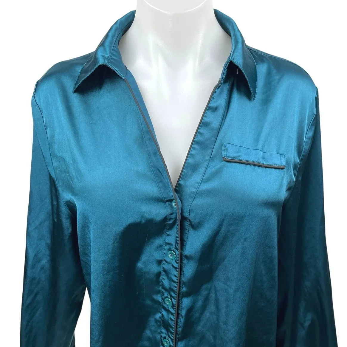 Ekouaer Blue Silk Satin Long Sleeve Collar Button Mini Nightgown Shirt Dress M - Image 3