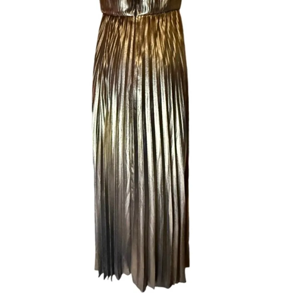 AIDAN MATTOX Pleated Folied Chiffon Halter Gown Bronze Metallic Maxi 4 EUC - Image 12