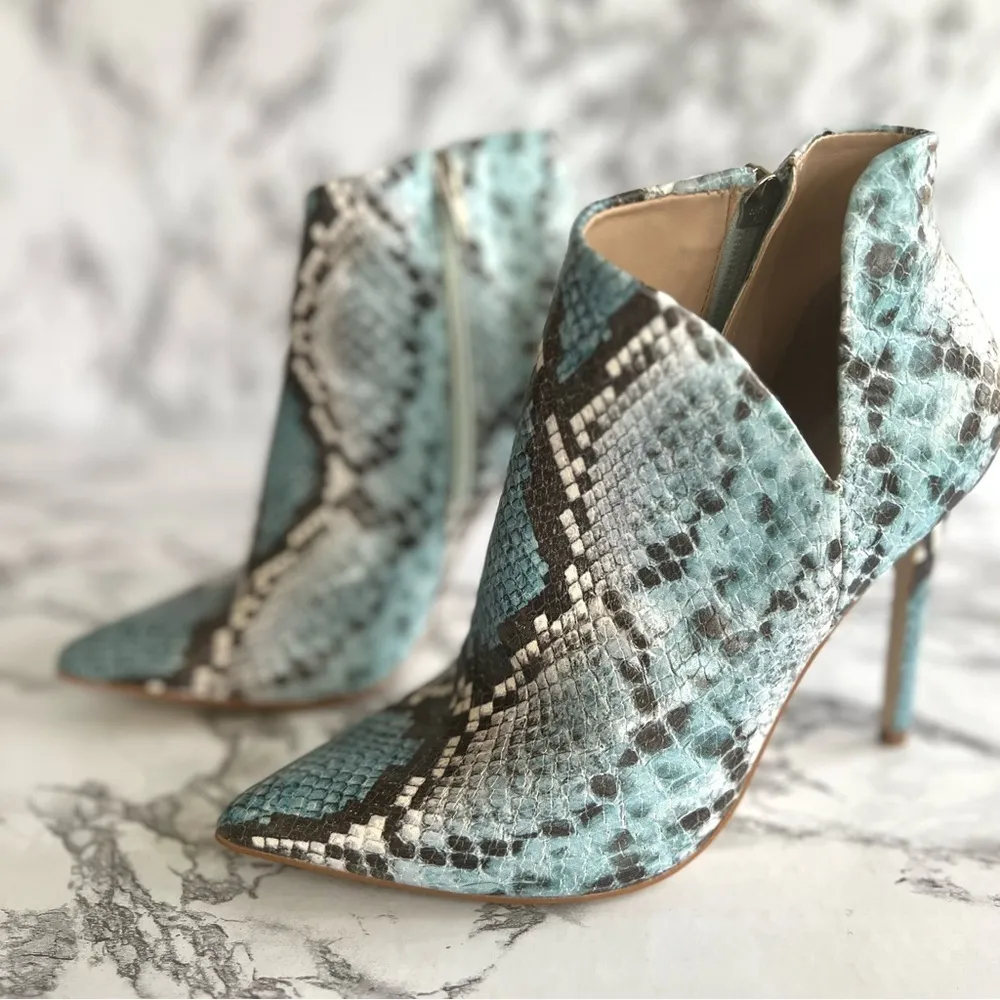 Steve Madden Decoy Booties Heels Snakeskin Print Blue 6 Cocktail Party Glam Mod - Image 4