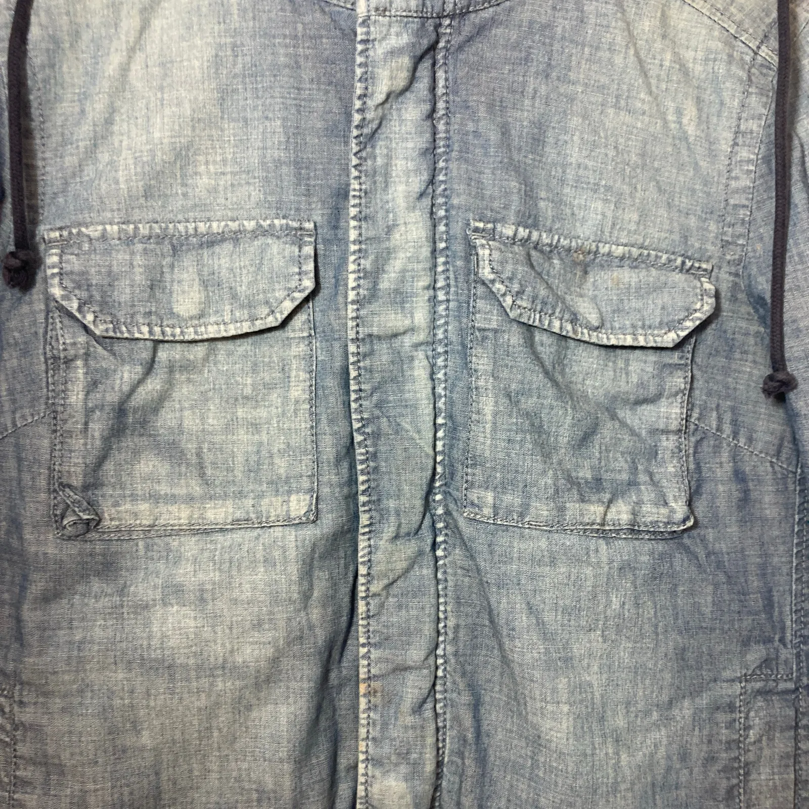 J. Crew Blue Chambray Denim Snap Zip Up Hooded Plaid Lining Bomber Jacket Size 6 - Image 4