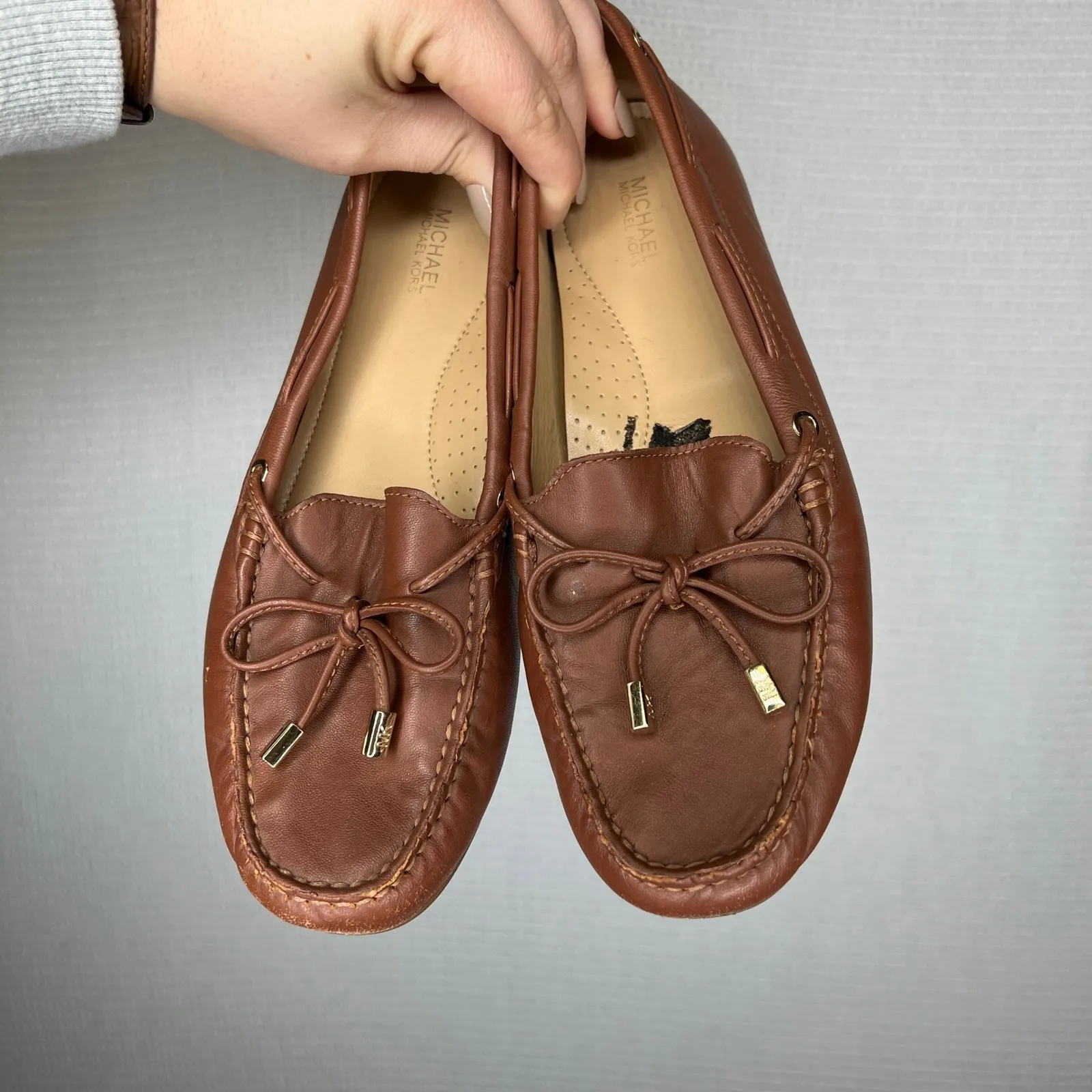 Michael Kors Women Brown Leather Bow Detail Driving Moccasin Flats Shoes 8.5M - Image 2