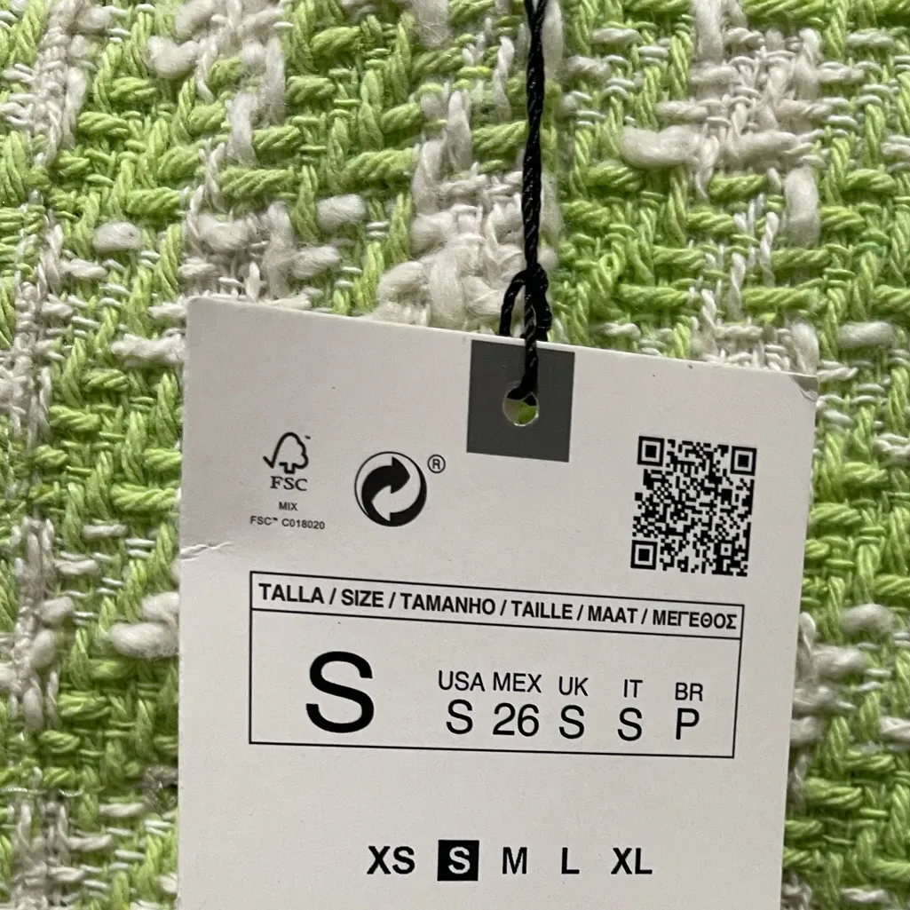 ZARA  Green White Houndstooth Tweed Gold Button Crop Jacket Blazer - Image 8