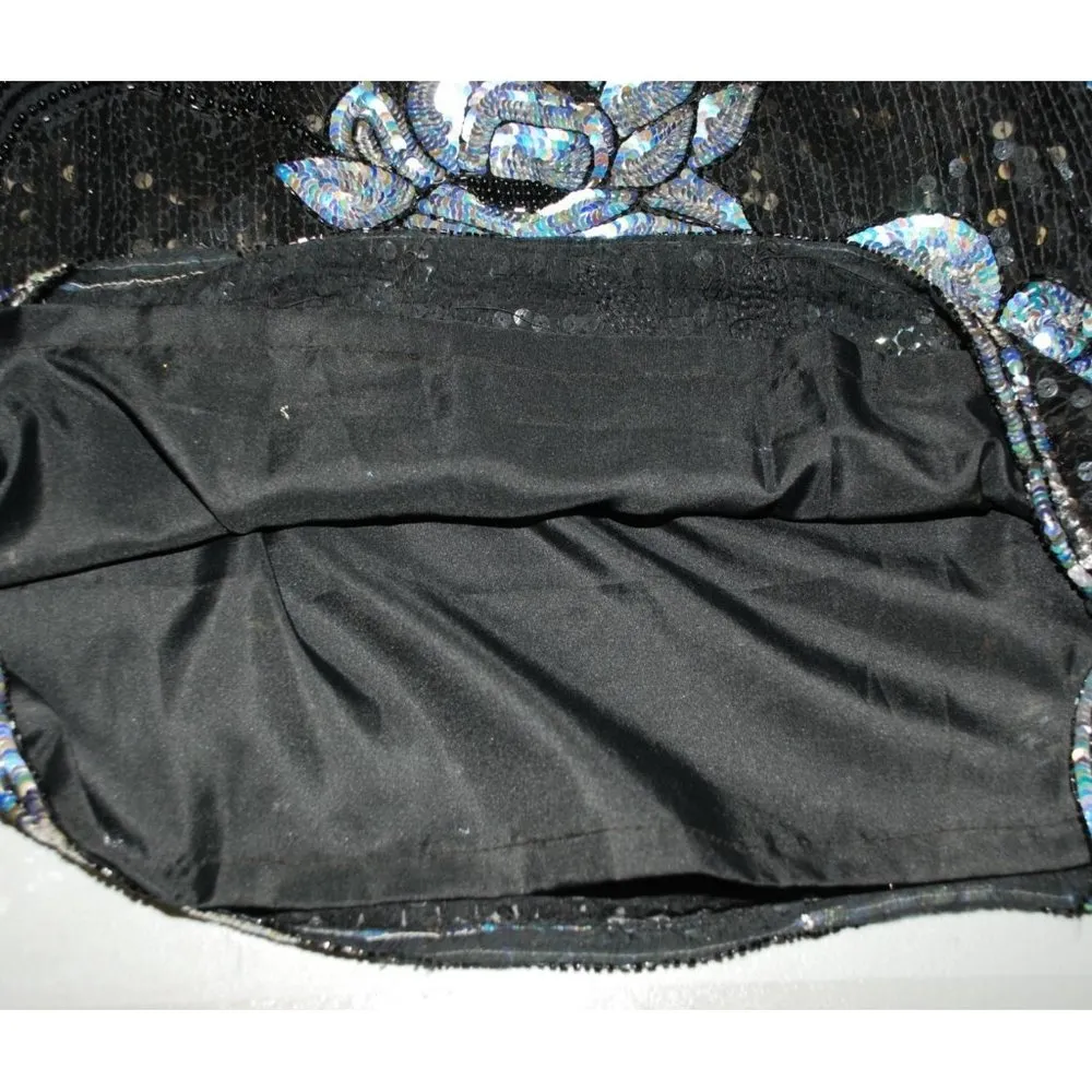 Vintage Royal Feelings Black Full Sequin Sparkle Silk Blouse Size S Short Sleeve - Image 9