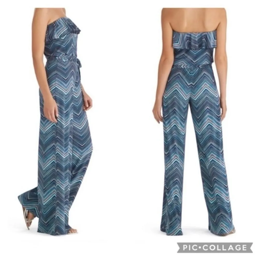 WHBM Blue Black Multi Striped Strapless Jumpsuit XXS - Image 2