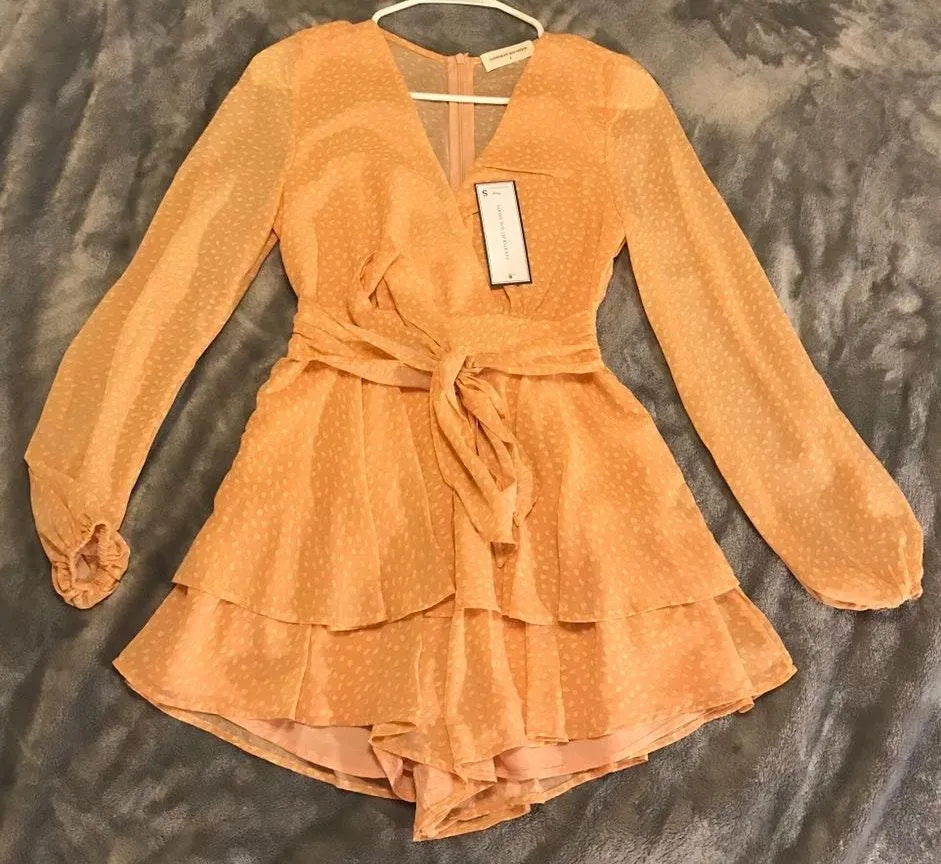 Goodnight Macaroon NWT Peach & Yellow Ruffled Romper with Tie - Image 4