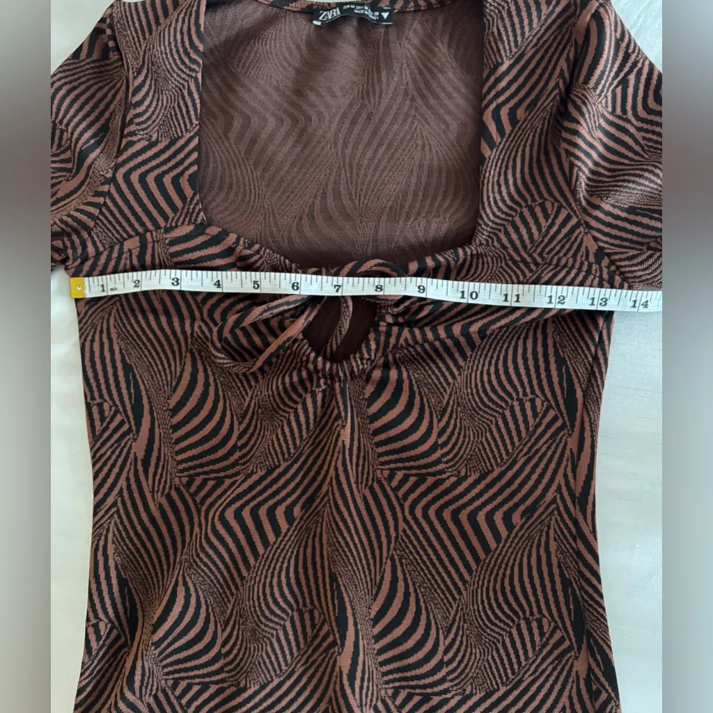 Zara Black Brown Psychedelic Bodycon Mini Dress Keyhole Tie Bust Medium - Image 8