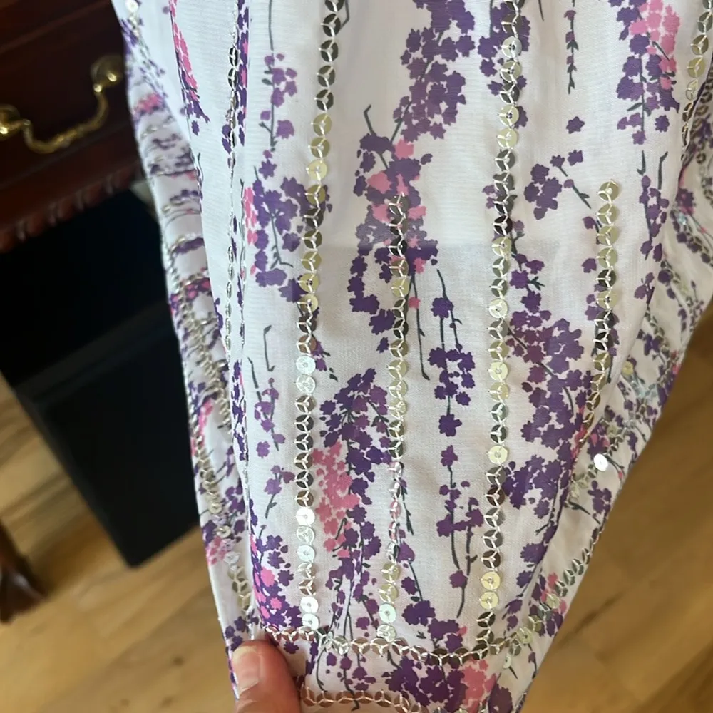Smocked White Purple Floral Sequined Spaghetti Strap Top fits Women XS Small Size fits womens small - Image 4