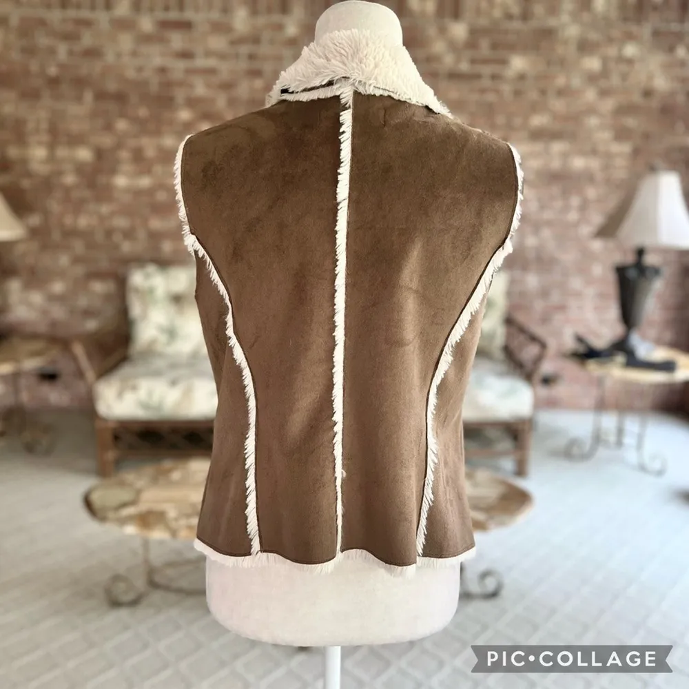 Brandon Thomas Vest Faux Fur Brown Cream Faux Suede M Shearling Chic Cozy Size M - Image 9