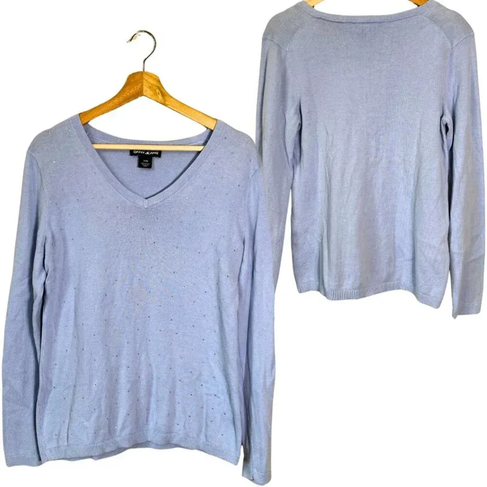 DKNY Women's Small Long Sleeve V-Neck Rhinestone Embellished Y2K Knit Sweater - Image 3