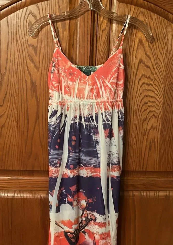 CELLO ABSTRACT LONG MAXI DRESS SMALL BRAIDED STRAPS PAINT SPLATTER DESIGN - Image 10