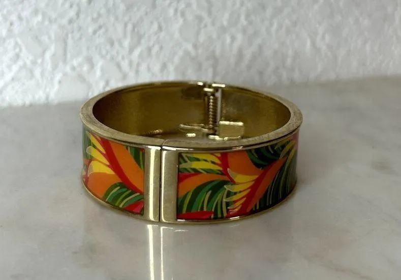 Enamel Gold Clasp Bangle Tropical Vacation Resort Floral Pink - Image 4