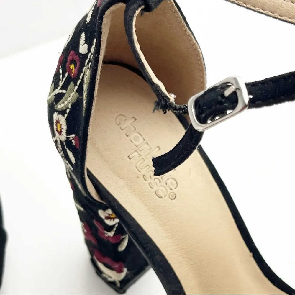 CHARLOTTE RUSSE Kaitlyn Black Embroidered Floral Ankle Strap Y2K Block Heels 7 - Image 8