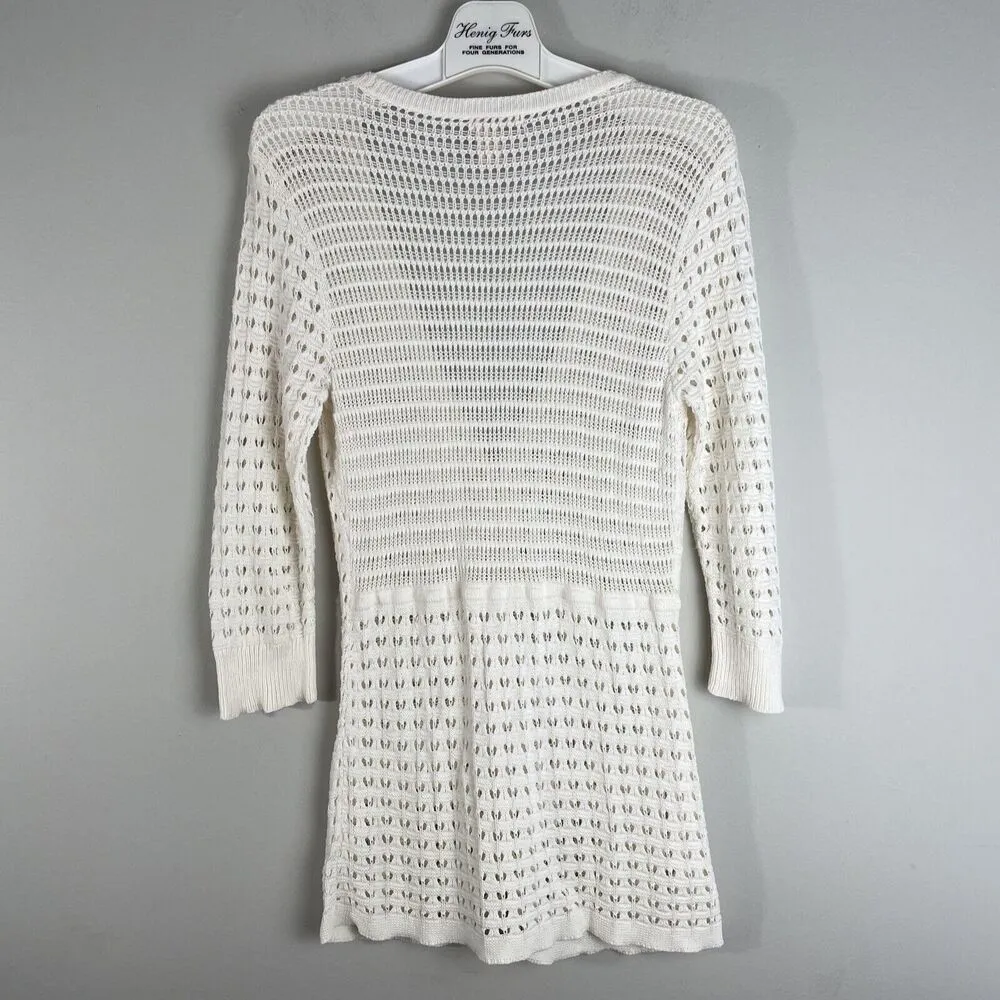 DKNY Women M Open Knit Cardigan Crochet Buttoned Sweater V-Neck 3/4 Sleeve Cream - Image 3